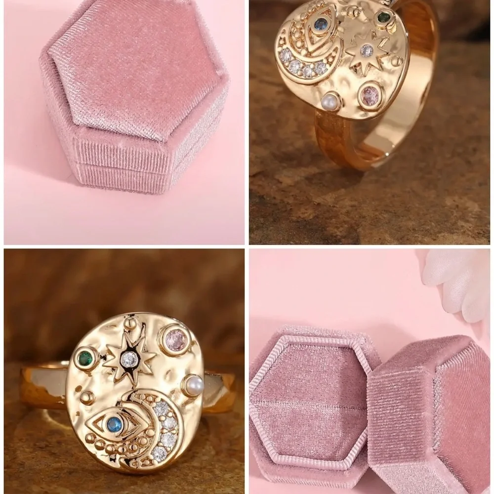 Gold Celestial Ring with‎ Pink Velvet Ring Box